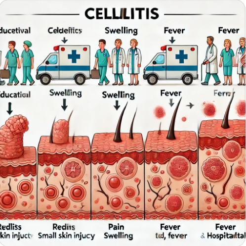 봉와직염 진행 단계 인포그래픽 – 상처 → 붓기 → 통증 → 열 → 입원까지 한눈에 설명