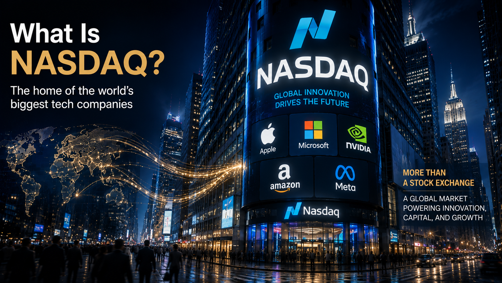 NASDAQ exchange building surrounded by major technology companies and global capital flows in a cinematic financial cityscape.