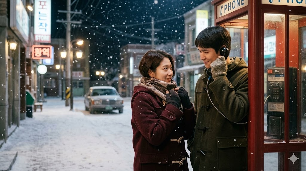 Close up of two hands wearing retro wool gloves holding a red public phone receiver snow falling 90s vibe
