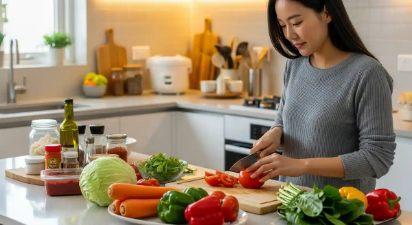 부엌에서 여러 채소들을 다듬고 있는 가정주부 모습