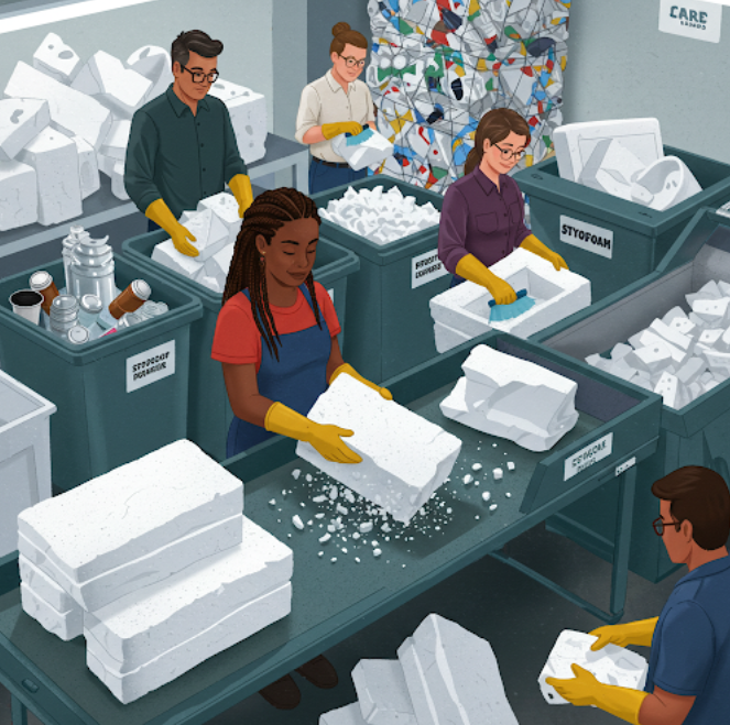 스티로폼을 분리수거중인 사람들