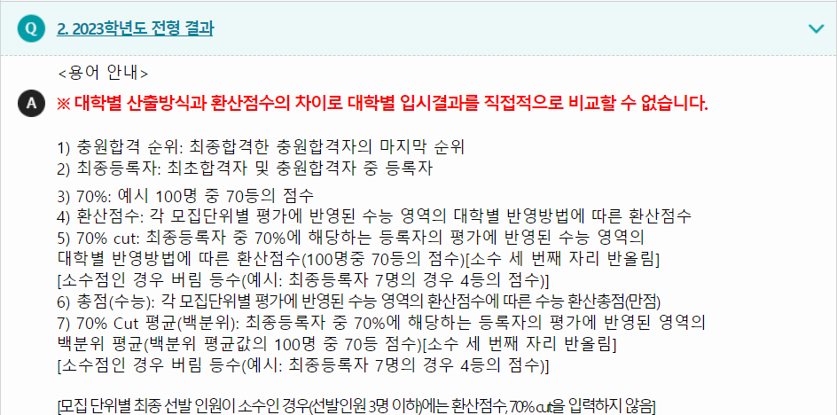 2023학년도 국민대학교 수능위주전형 전형 결과<용어 안내>