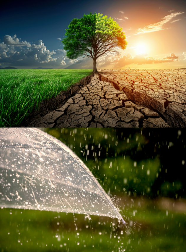 봄철 이상기후로 인한 채소 생산량 감소를 표현한 가뭄과 비 이미지