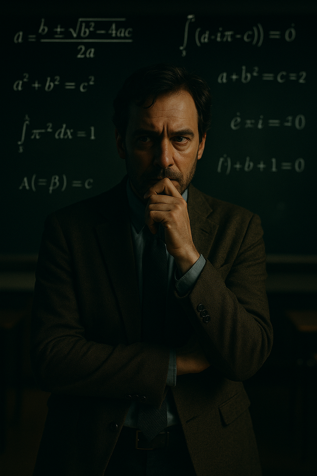 어두운 교실 배경 속 칠판에는 수학공식들이 적혀있고 그 앞에 생각에 잠긴 남성 교수 이미지