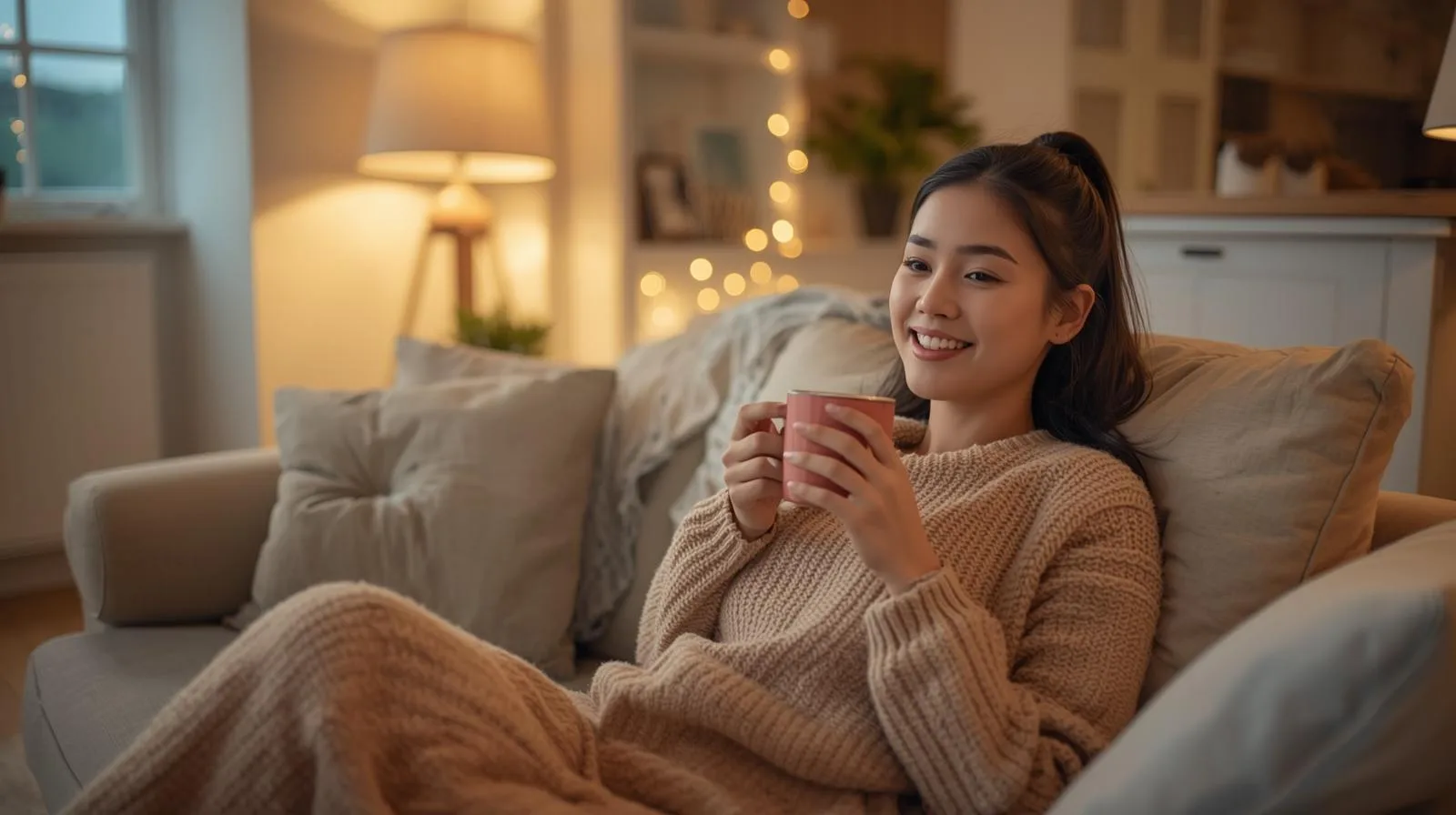 밝고 아늑한 조명 아래 쇼파에서 차를 마시며 심리적 안정을 취하는 1인 가구의 저녁 휴식 모습
