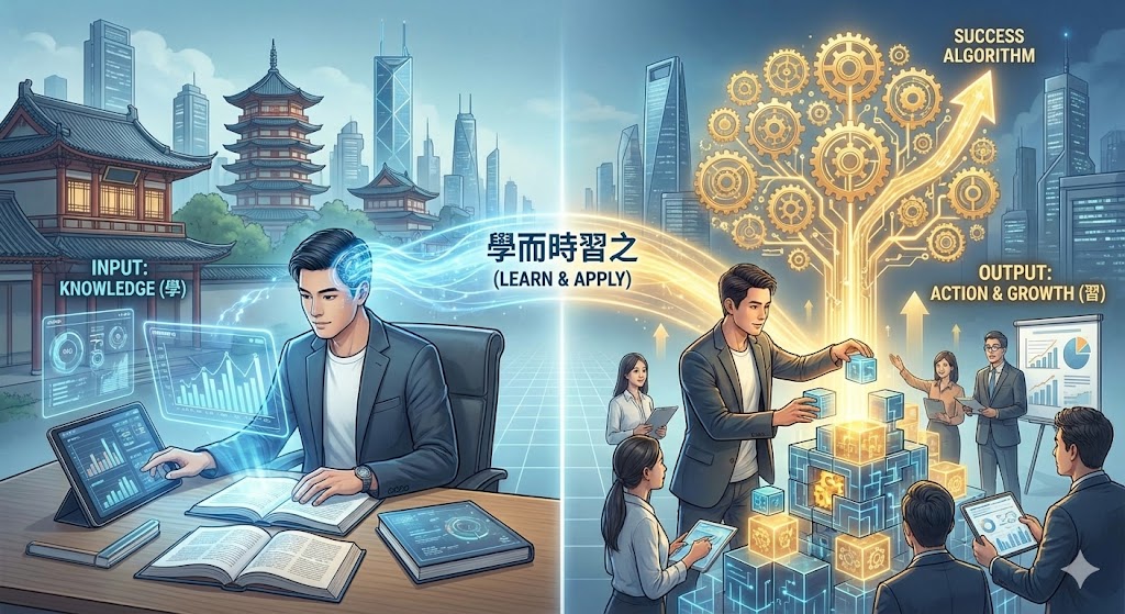논어의 '학이시습지(學而時習之)'를 현대적으로 재해석한 개념도. 왼쪽의 'INPUT: KNOWLEDGE(學)' 영역에서는 현대적인 전문가가 지식을 습득하고, 오른쪽의 'OUTPUT: ACTION & GROWTH(習)' 영역에서는 습득한 지식을 바탕으로 팀을 이끌고 성과를 창출하며 성장하는 모습을 보여준다. 중앙에는 이 두 과정을 연결하는 'SUCCESS ALGORITHM'이 황금빛 나무 형태로 뻗어나가고 있다.