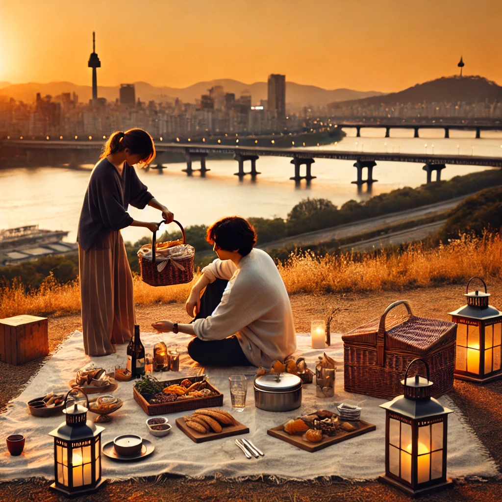 커플이 피크닉을 준비하는 장면