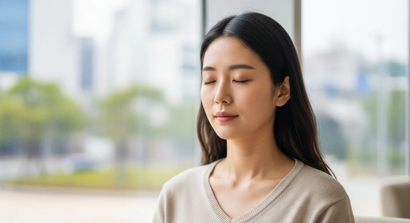 조용한 공원에서 호흡 명상을 하는 평화로운 한국 여성의 모습.
