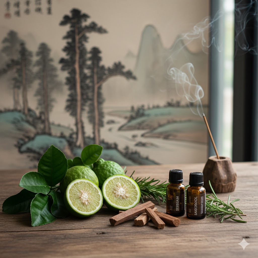 푸른 나무 잎, 신선한 베르가못 열매, 샌달우드 조각 등 '목(木)'의 기운을 상징하는 재료들과 함께 베르가못, 샌달우드 에센셜 오일 병이 자연스럽게 배치된 정물 이미지. 활기차고 평온한 분위기를 동시에 표현하며, 동양적인 배경 요소를 은은하게 포함.