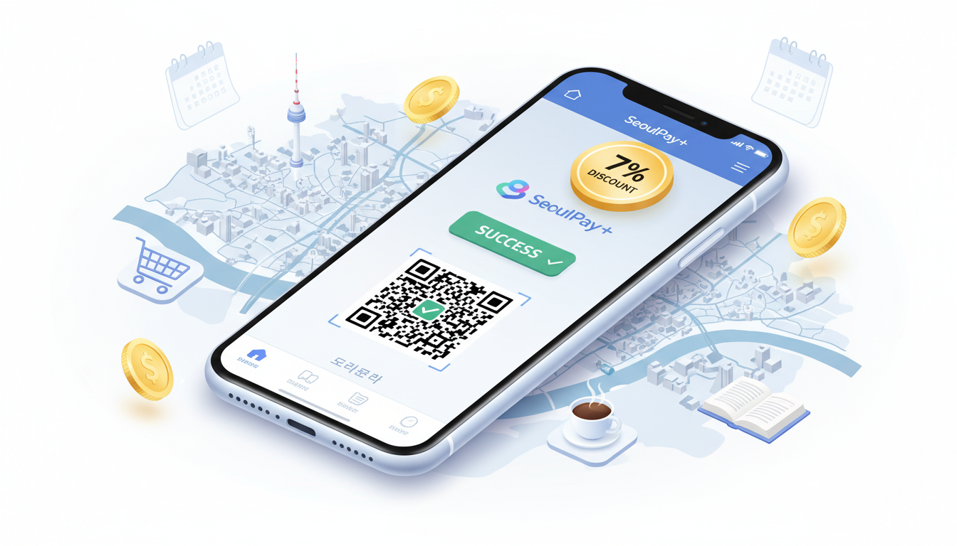 2026년 서울사랑상품권 발행 일정과 7% 할인 혜택을 나타내는 스마트폰과 서울 지도 일러스트