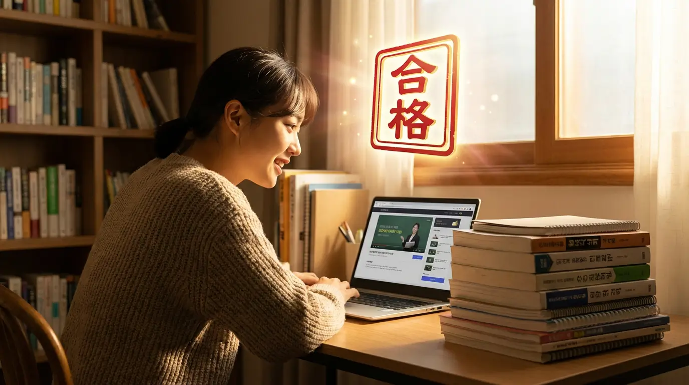 추가 지원금으로 수강 신청을 완료하고 자격증 공부를 시작하는 열정적인 모습과 합격 도장 이미지