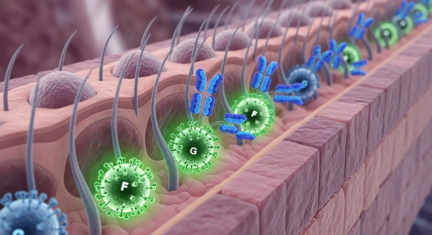 영유아 호흡기에 감염되는 RSV 바이러스의 미세한 모습과 항체가 이를 방어하는 과학적인 이미지