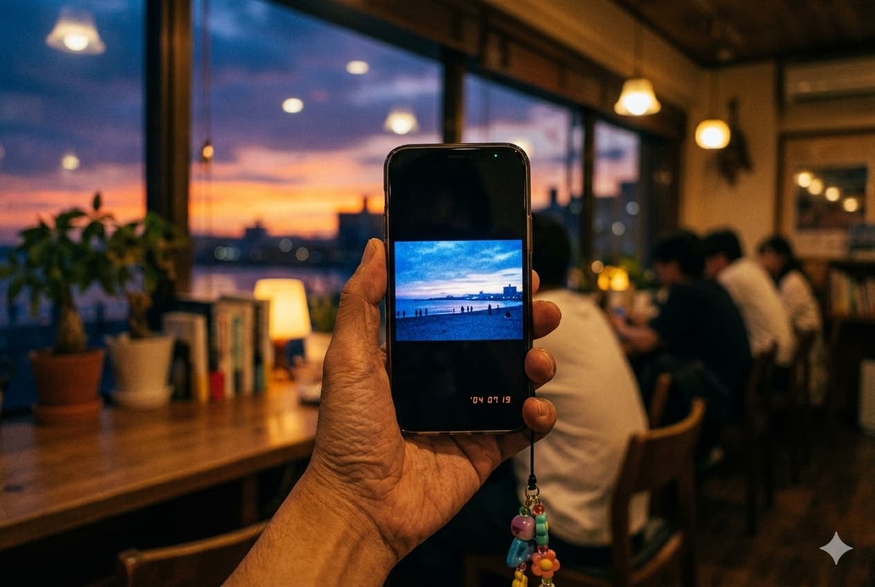 따뜻한 분위기의 카페 배경에서 스마트폰 화면 속에 띄워진 빈티지 디카 스타일의 노을 진 바다 사진과 이를 들고 있는 사람의 손