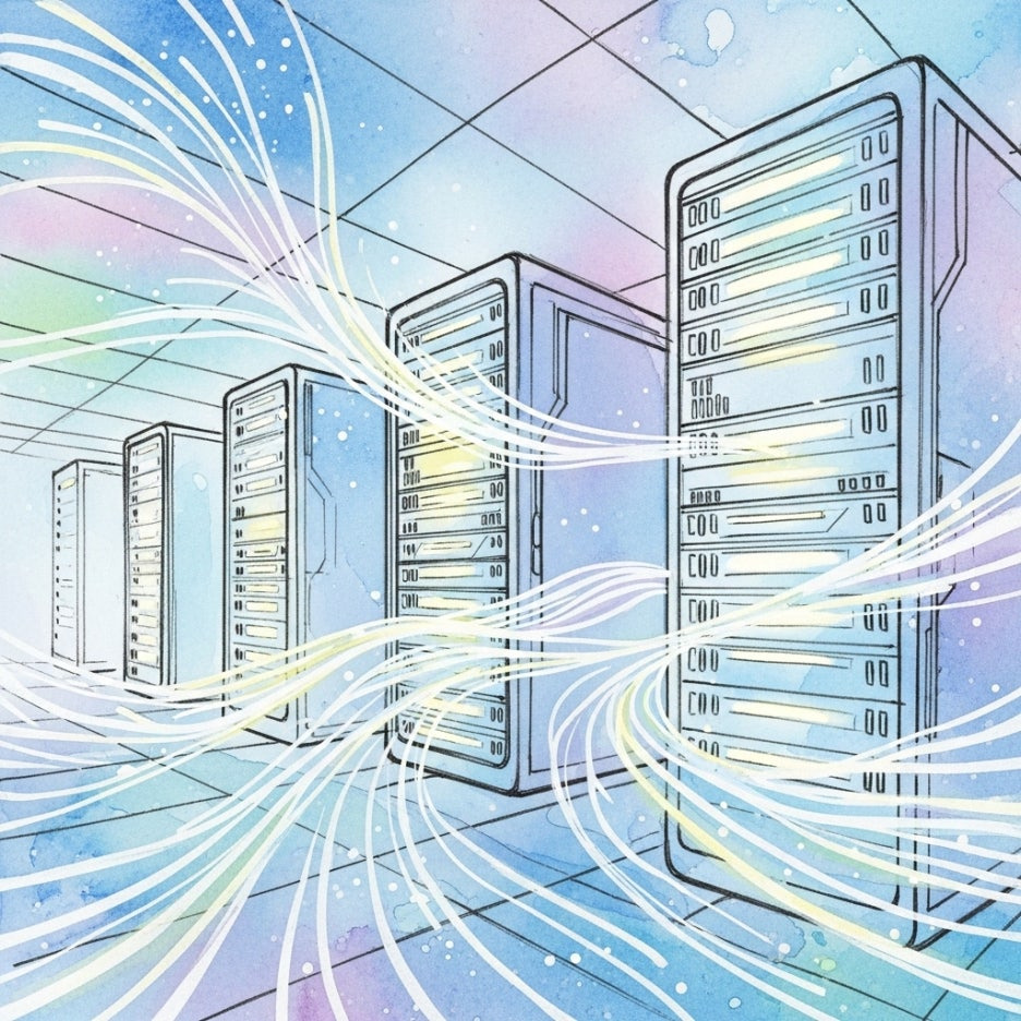 데이터가 흐르는 미래형 서버실을 표현한 수채화