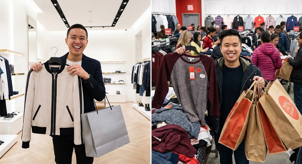 한-손에는-화려한-신상품을-들고-다른-한-손에는-빨간색-할인-태그가-붙은-세일-상품을-든-채-어느-쪽이-더-큰-심리적-만족감을-줄지-비교하며-고민하는-쇼핑객의-모습