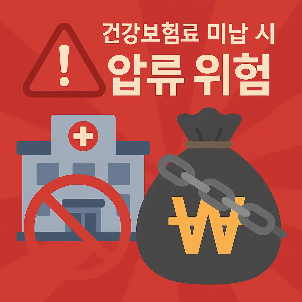 건강보험료 미납 시 병원 이용 제한과 자산 압류 위험을 경고하는 붉은 배경의 인포그래픽 이미지
