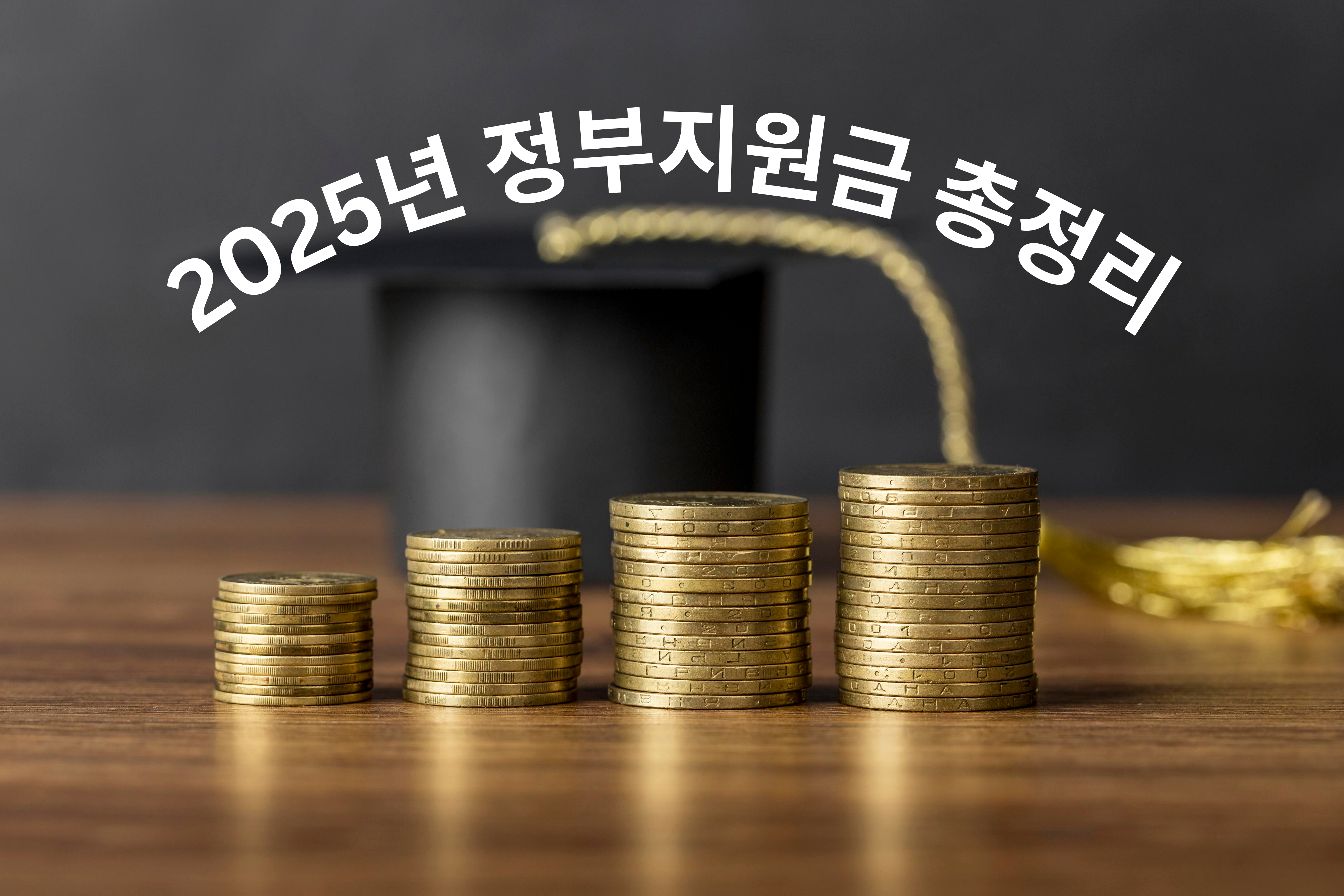 동전이 가지런히 4줄로 쌓여있는 그림 위에 &quot;2025년 정부지원금 총정리&quot;라는 글자가 곡선형으로 쓰여있음