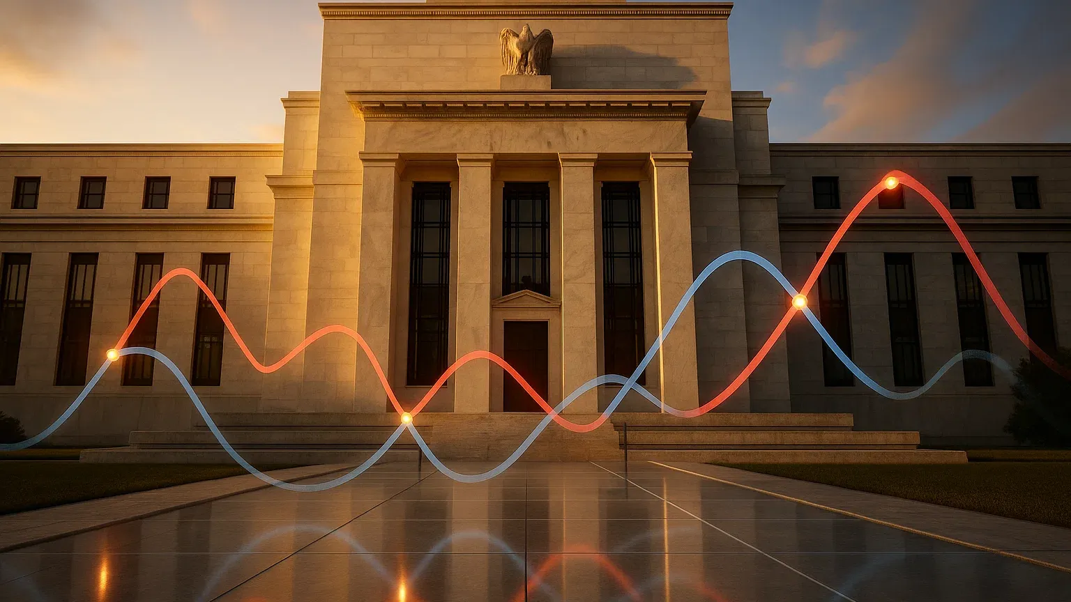 미국 연준 건물과 금리 그래프가 어우러진 투자 전략 개념도