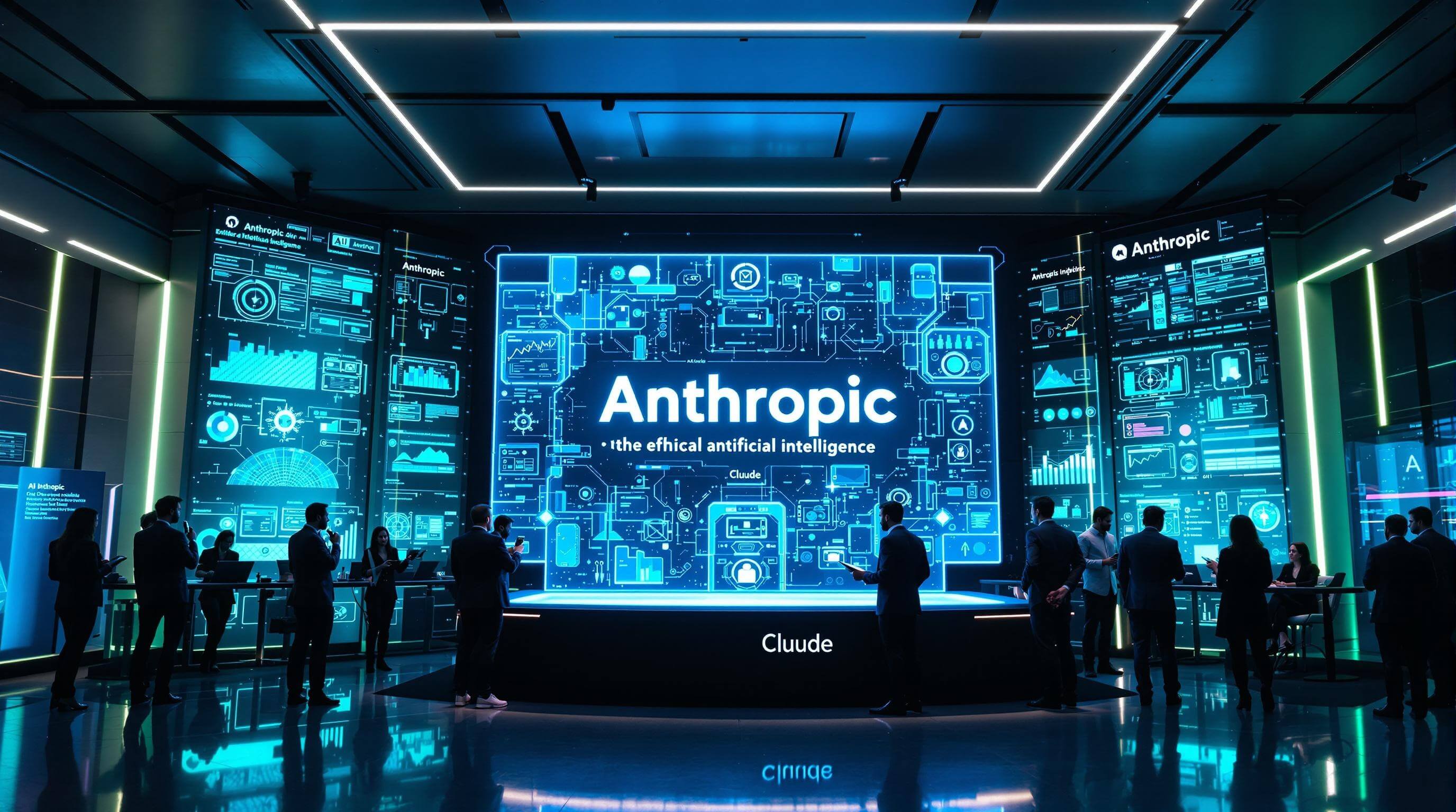 앤트로픽 사무실 내부의 첨단 미래지향적 공간을 배경으로, 중심에는 'Anthropic - the ethical artificial intelligence'라는 빛나는 홀로그램 디스플레이가 설치되어 있습니다. 주변에는 데이터 시각화와 AI 관련 정보를 보여주는 디지털 패널들이 자리 잡고 있으며, 전문적인 복장을 한 사람들이 토론하며 혁신적인 기술을 탐구하는 모습이 담겨 있습니다