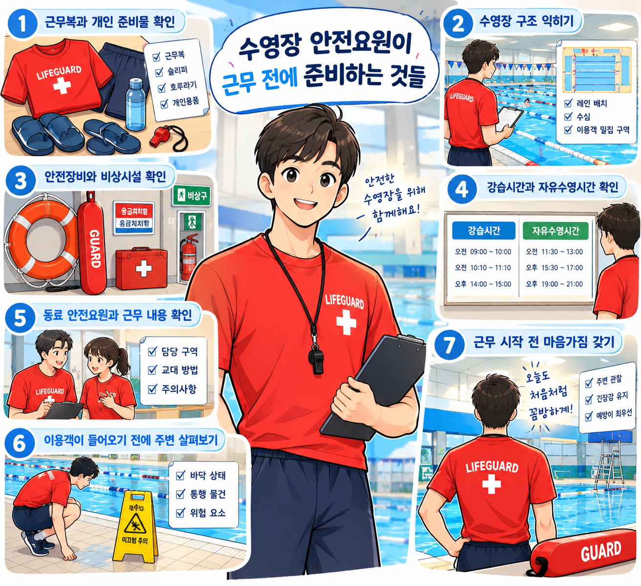 수영장 안전요원이 근무 전에 준비하는 것들