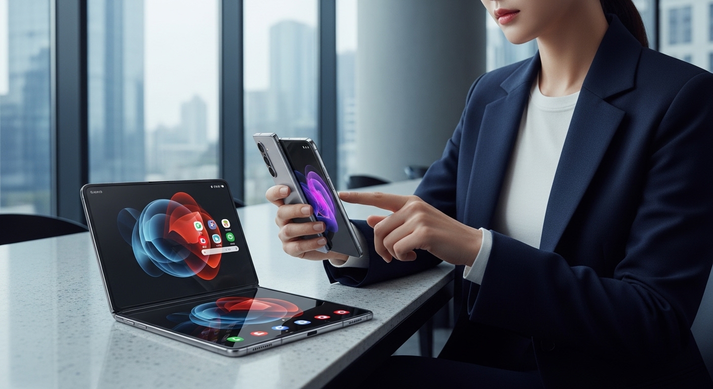 현대적인 한국인이 세련된 도시 배경에서 갤럭시Z 트라이폴드 스마트폰을 사용하는 모습. 기기는 부분적으로 펼쳐져 다중 화면 기능을 보여주며, 첨단 기술과 프리미엄 디자인이 돋보입니다.