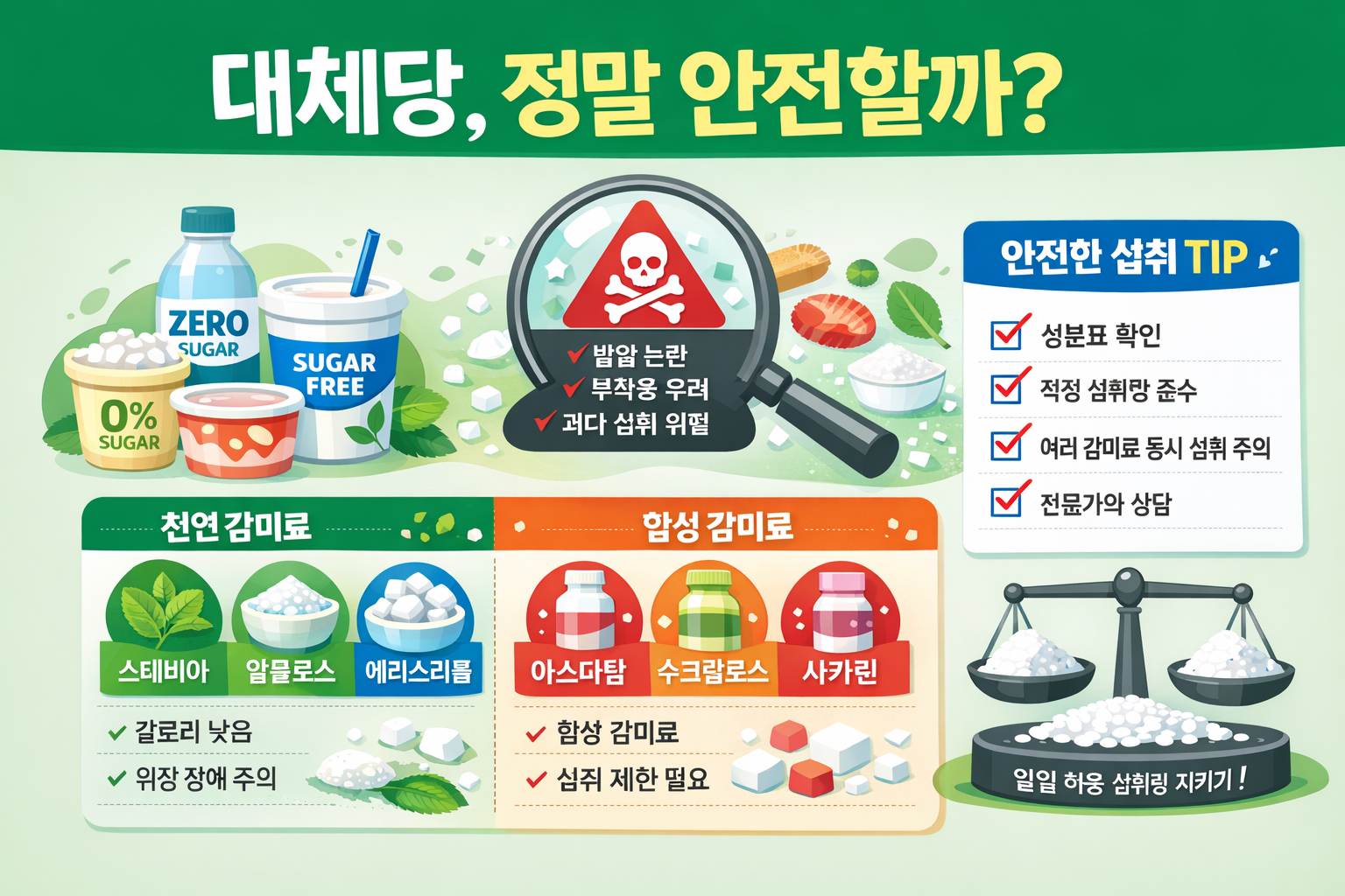 대체당 안전성 총정리 인포그래픽|종류·부작용·섭취 기준