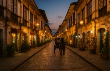 석조 거리 위를 마차가 지나가는 비간 중심가의 전통 스페인식 건물들