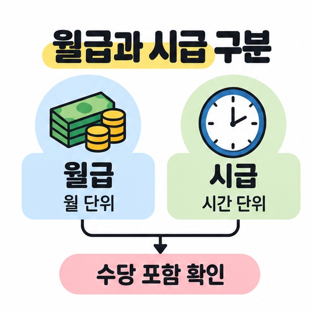 월급은 월 단위, 시급은 시간 단위로 구분하고 수당 포함 여부를 확인하는 비교 도식