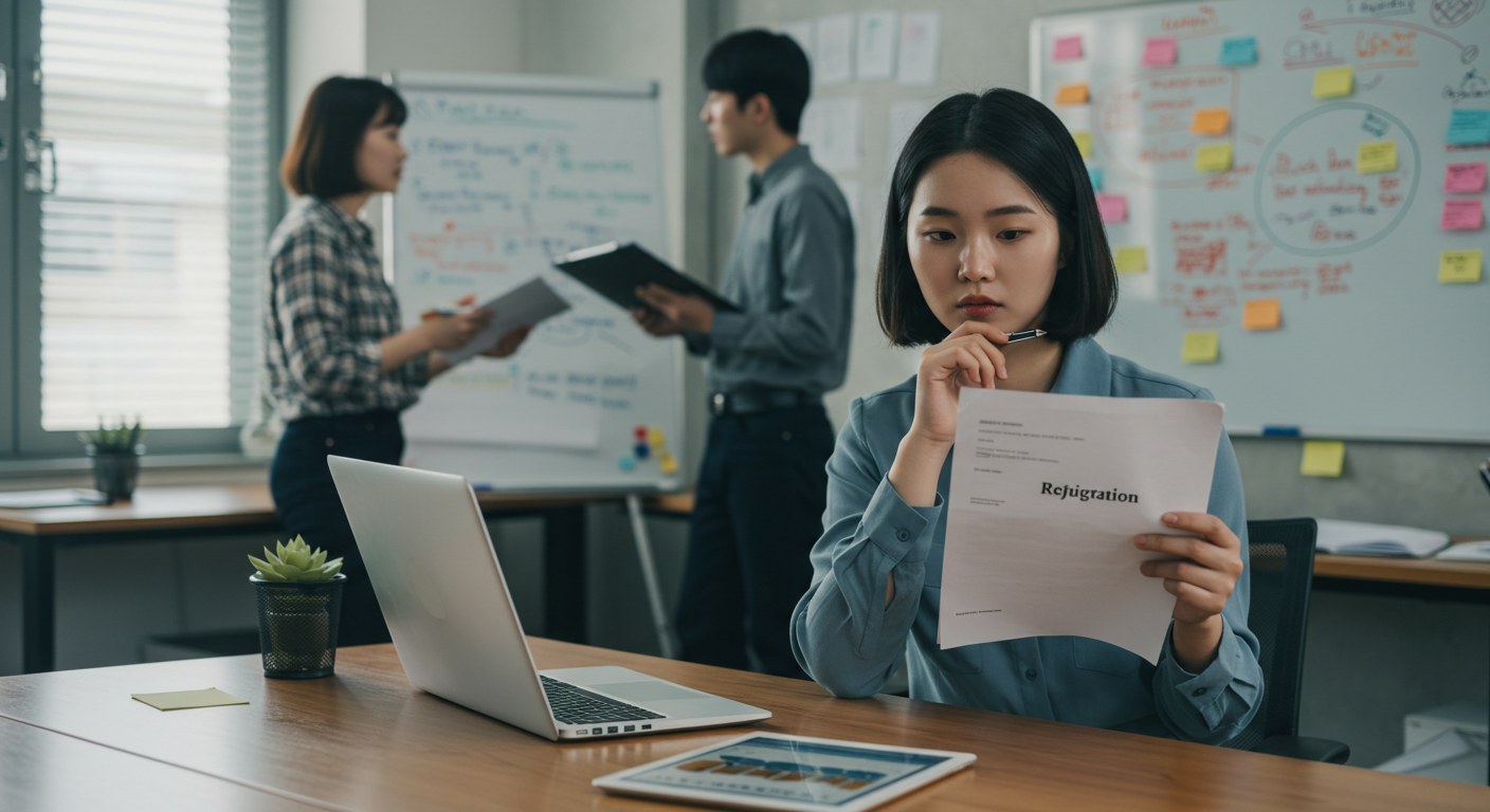 한 명의 젊은 한국인 직장인이 책상에 앉아 노트북 화면을 바라보며 사직서를 한 손에 들고 진지한 표정을 짓고 있음