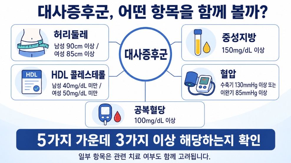 대사증후군 판단에서 함께 확인하는 허리둘레 중성지방 HDL 콜레스테롤 혈압 공복혈당