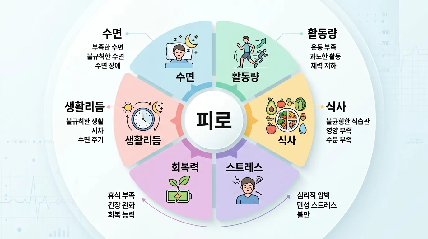 중년 피로 원인 6축 분류 다이어그램