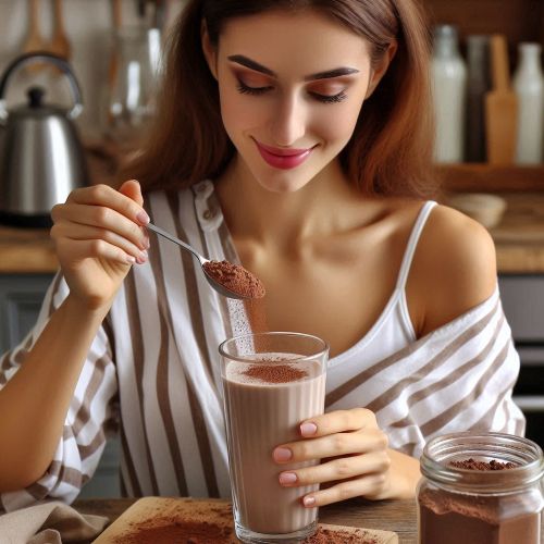 우유에 코코아가루를 타는 여성