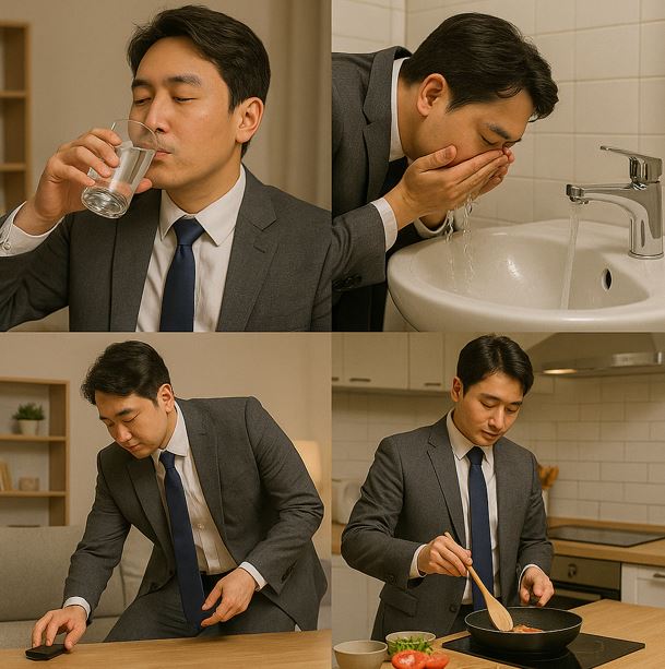 아침 일상 루틴으로 물 마시기, 세수하기, 간단한 정리, 식사 준비를 하는 남성의 모습