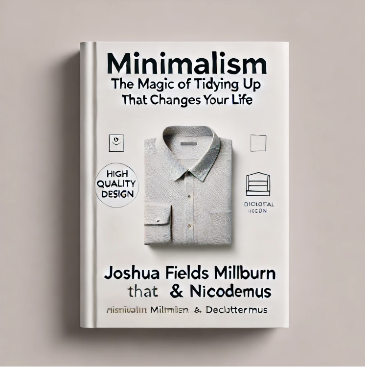 "미니멀리즘 책 표지 디자인. 깨끗한 흰색 배경에 단순한 타이포그래피와 정돈된 느낌의 아이콘이 배치된 표지. 미니멀리즘의 개념을 반영하여 깔끔하고 정돈된 분위기를 전달하는 디자인."