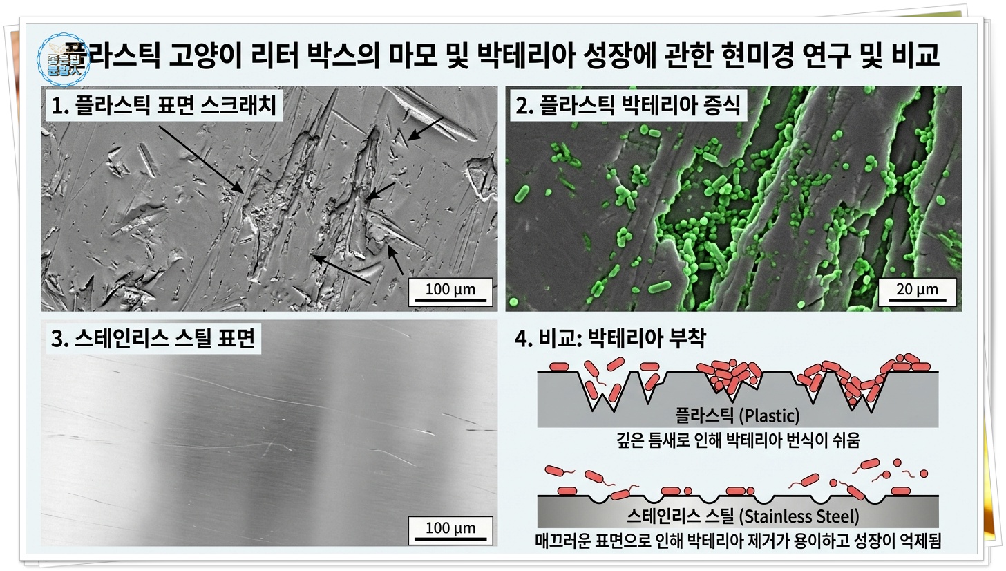 플라스틱 소재의 표면 스크래치와 박테리아 번식 과정을 보여주는 현미경 확대샷 및 스틸 소재와의 비교 개념도