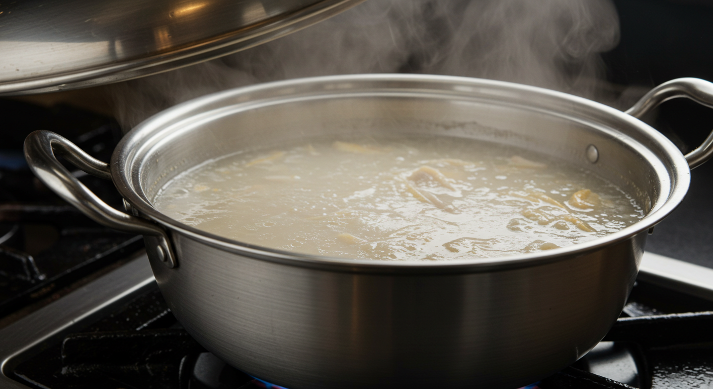 돼지뼈 육수가 뽀얗게 우러나는 냄비