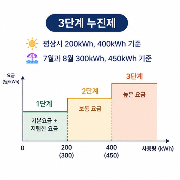 평상시와 7월 및 8월의 주택용 전기요금 누진구간이 서로 다르다는 점을 비교하는 그림