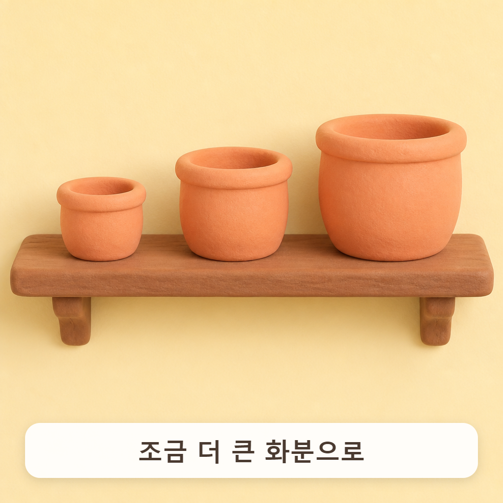 크기가 다른 빈 토분 세 개가 나란히 놓인 나무 선반
