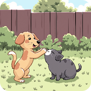 사랑스런 고양이와 강아지가 함께 행복하게 있는 이미지