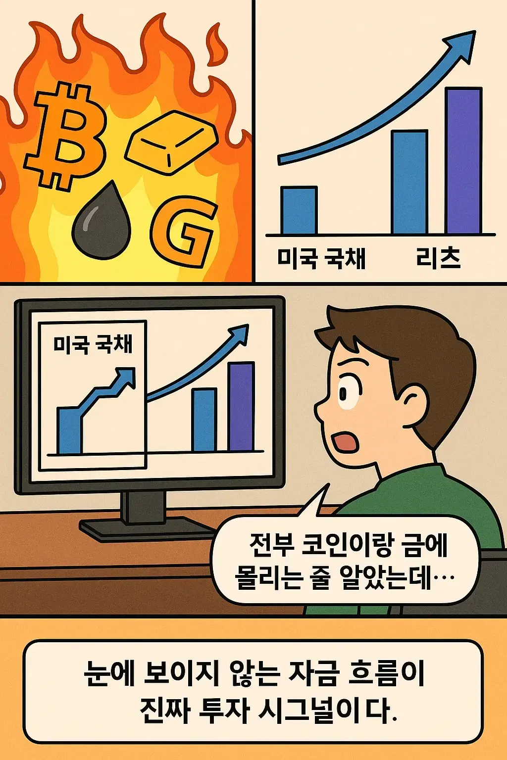 불타는 금·유가·비트코인 차트와는 달리, 조용히 자금이 몰리는 미국 국채와 리츠 그래프를 보는 투자자의 놀라움