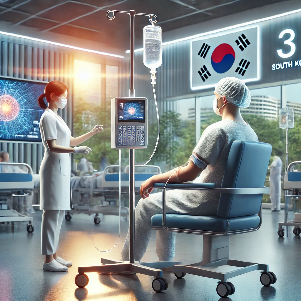 면역항암제 주사를 맞고 있는 암 환자와 간호사 