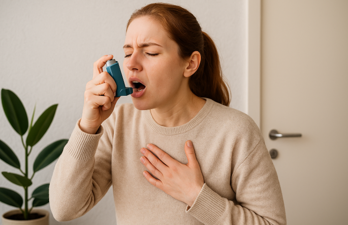 천식에 힘들어 하는 여자 사진