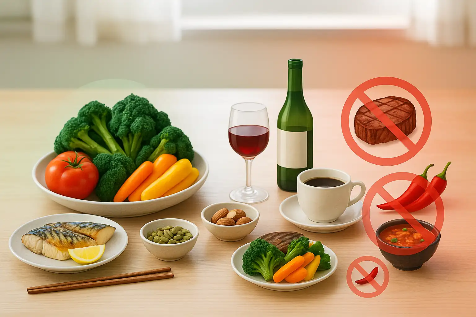 식탁 위에 토마토, 등푸른 생선, 호박씨, 브라질너트, 녹황색 채소가 담긴 건강 식단, 옆에는 피해야 할 음식(붉은 고기, 알코올, 커피, 매운 음식)