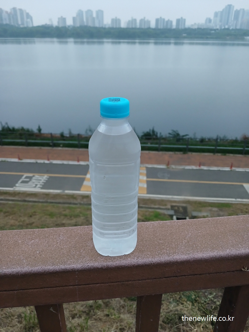 A bottle of water placed on a railing, with Han River and cityscape in the background."-"한강을 배경으로 난간 위에 놓인 생수병. 자연과 도시 풍경이 함께 어우러진 이미지."
