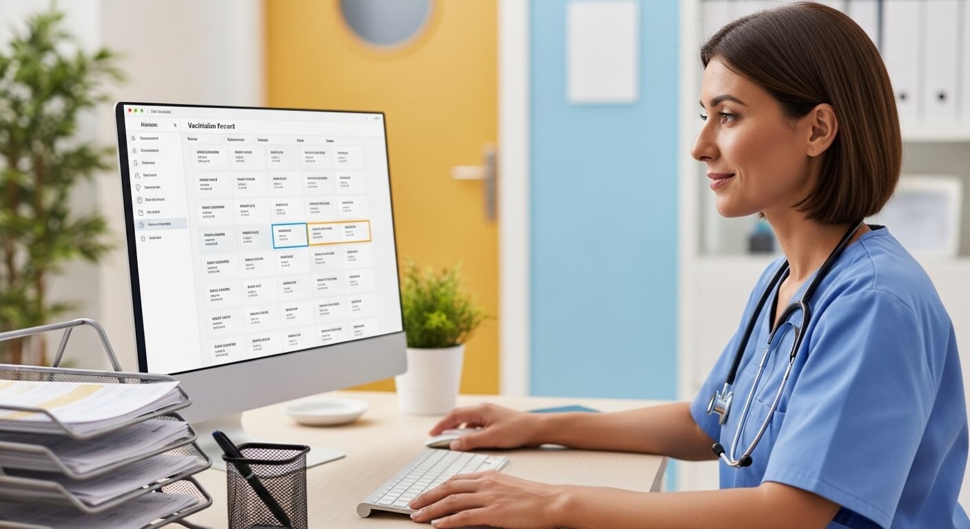 컴퓨터 화면에서 백신 일정표를 확인 중인 간호사