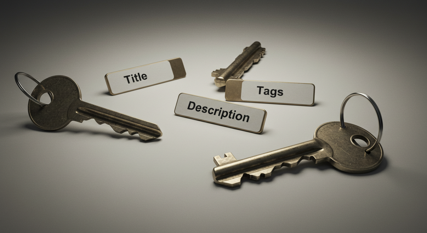 세 개의 열쇠가 각각 제목&middot;설명&middot;태그의 역할(관심/기대/검색)을 상징적으로 표현한 정물 이미지