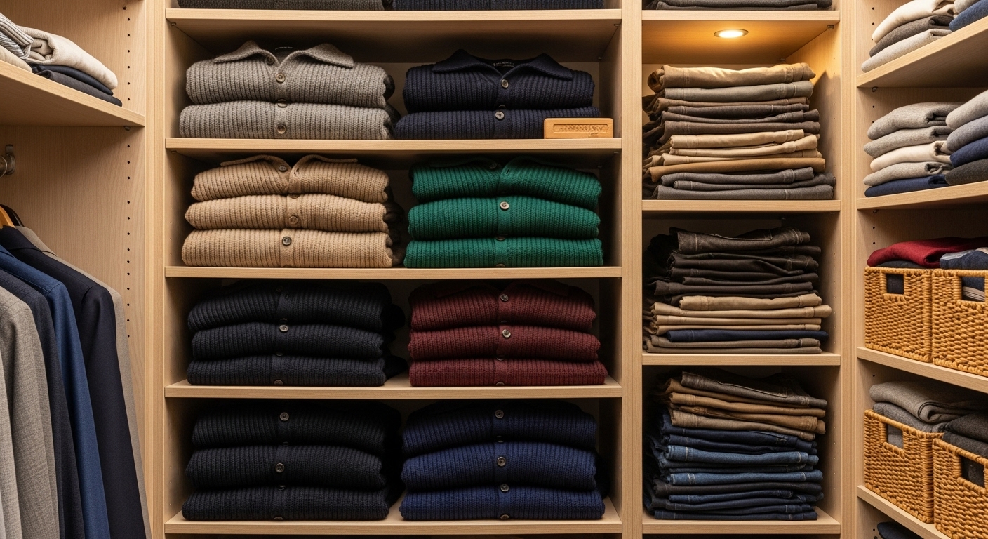 남성 카라 니트 스웨터들이 깔끔하게 접혀 선반에 보관되어 있는 옷장 내부의 모습, 니트 관리의 중요성을 보여줌