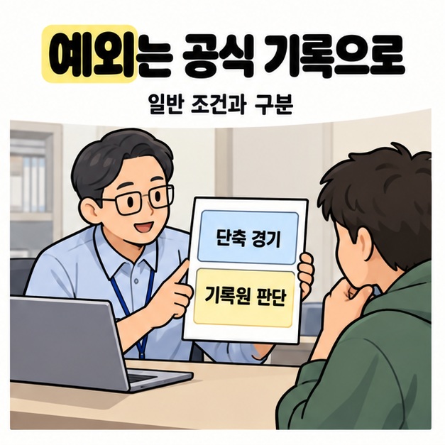 기록실 담당자가 단축 경기와 기록원 판단이라고 적힌 자료를 보여주며 예외를 공식 기록으로 확인하도록 설명하는 모습