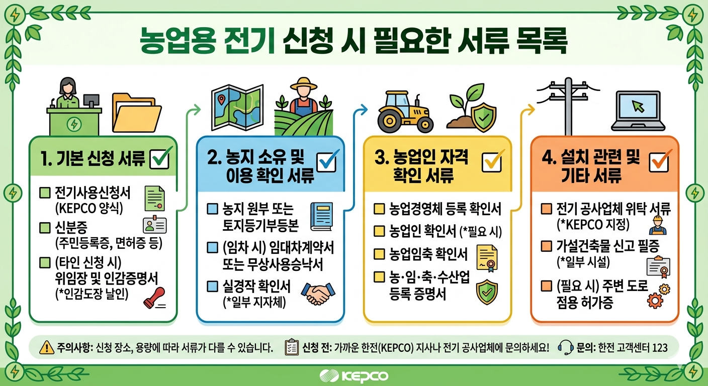 농업용 전기 신청시 필요한 서류목록 인포그래픽