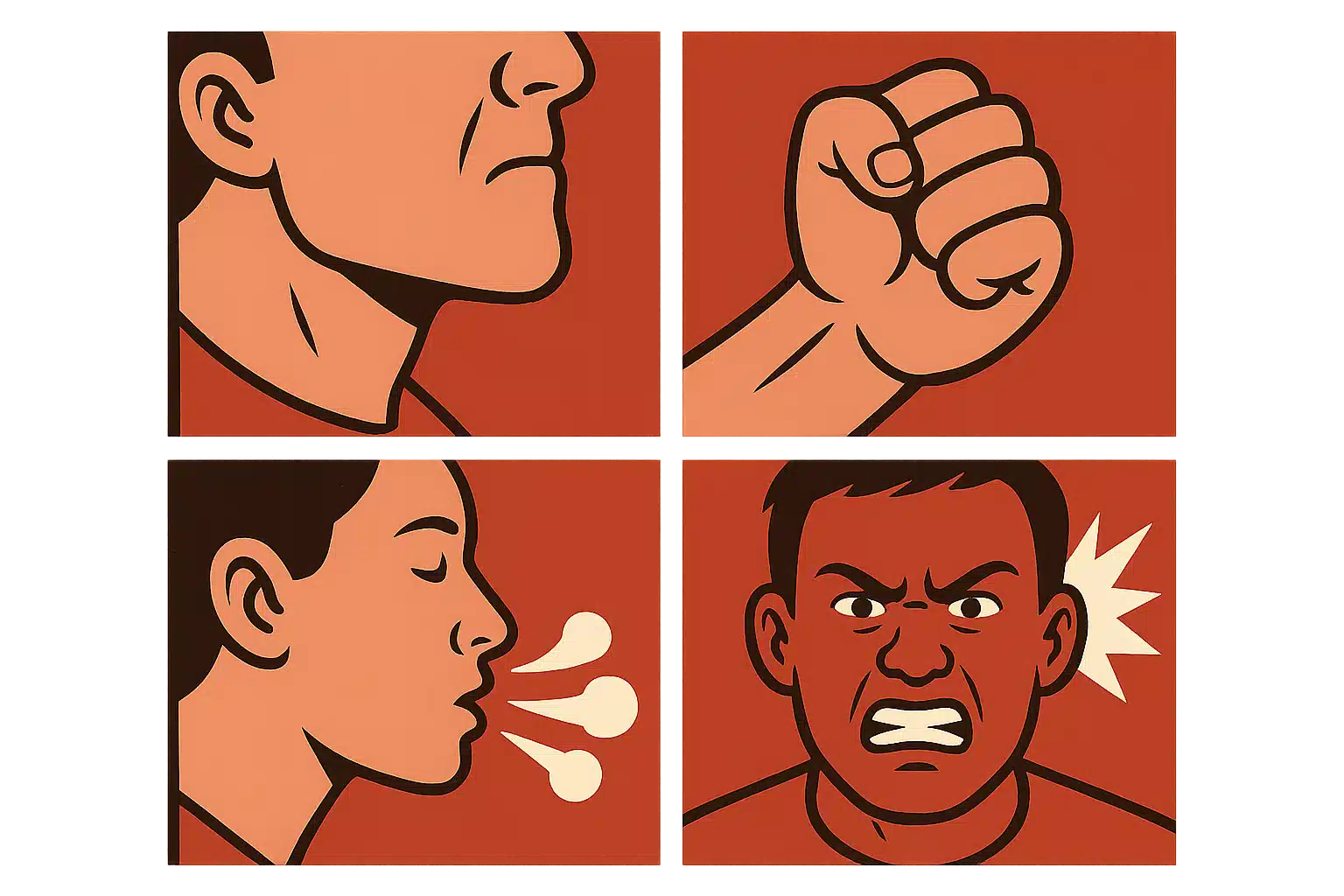 굳은 턱, 주먹 쥔 손, 빨라진 호흡, 붉어진 얼굴